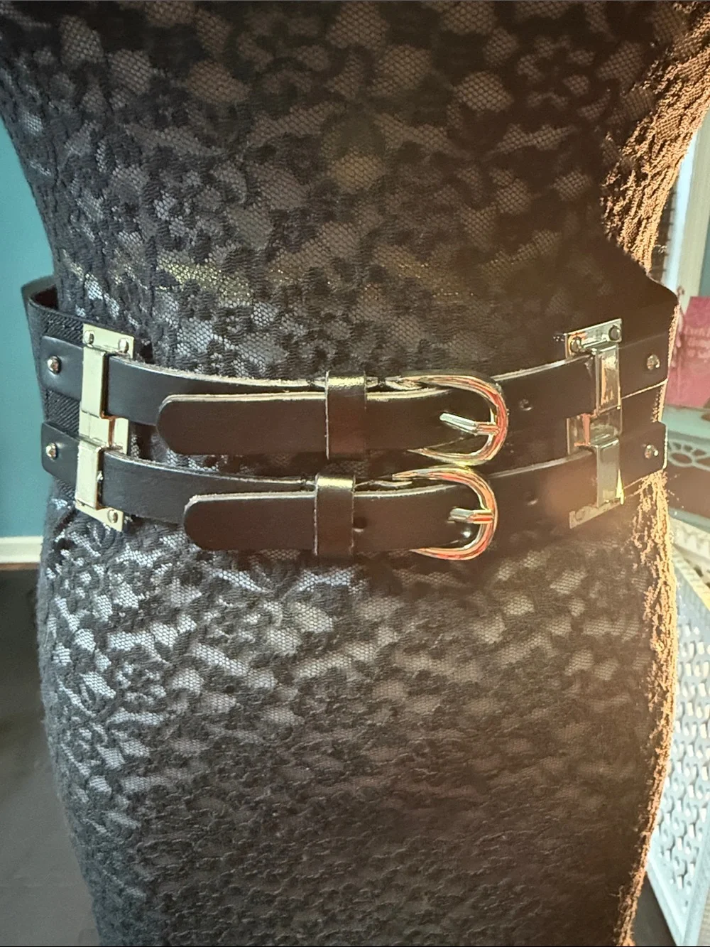 White House Black Market Black and gold Double-Buckle Waist Belt